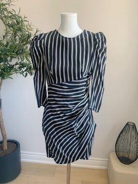 ZARA XS Black White Striped Mini Dress Puff Sleeve NWT